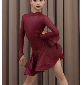 Girls kids yellow wine purple ballroom latin dance dress shiny modern salsa ballroom latin performance clothing for children
